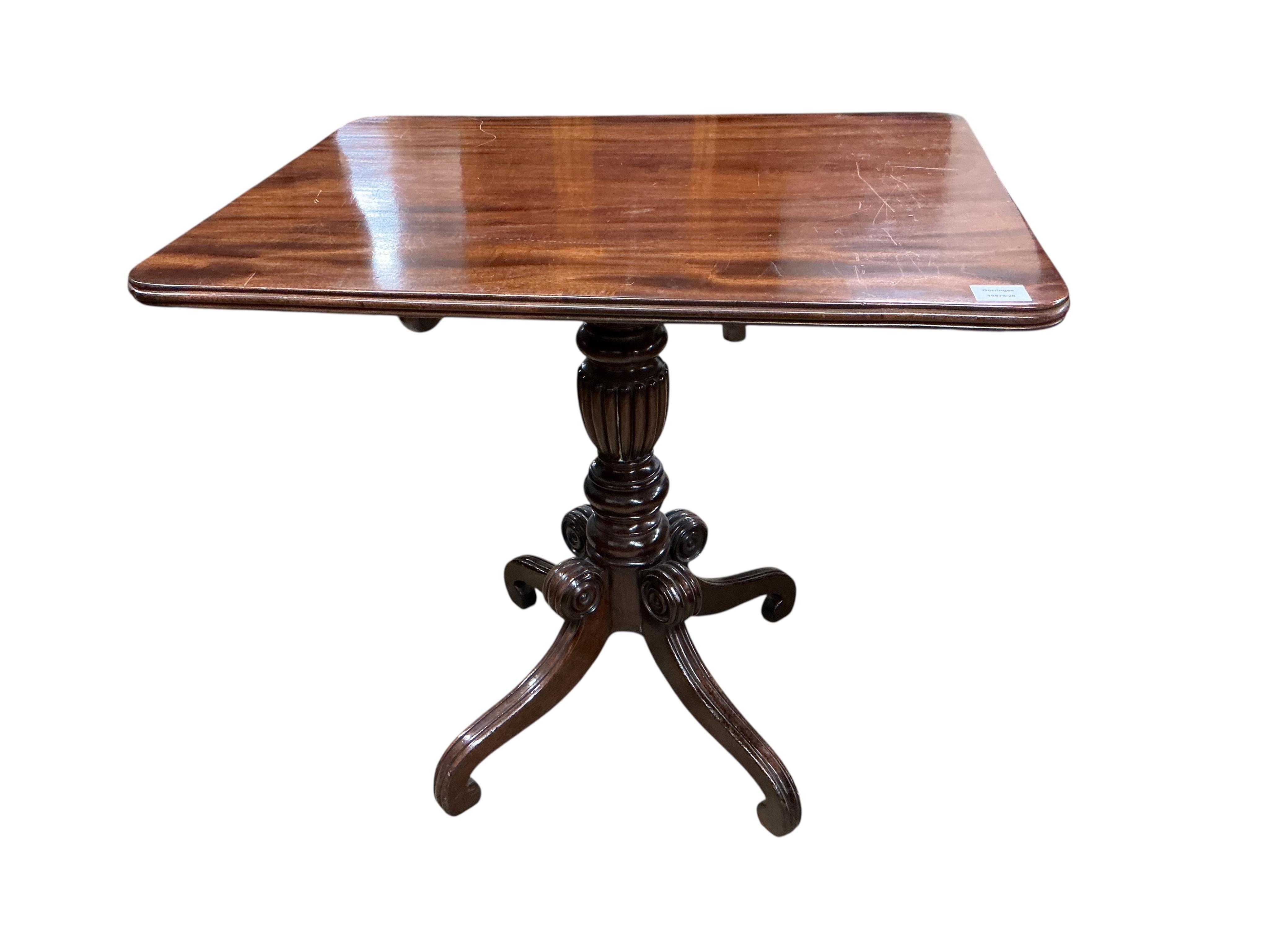 A Regency rectangular mahogany tilt top tea table, width 78cm, depth 63cm, height 71cm